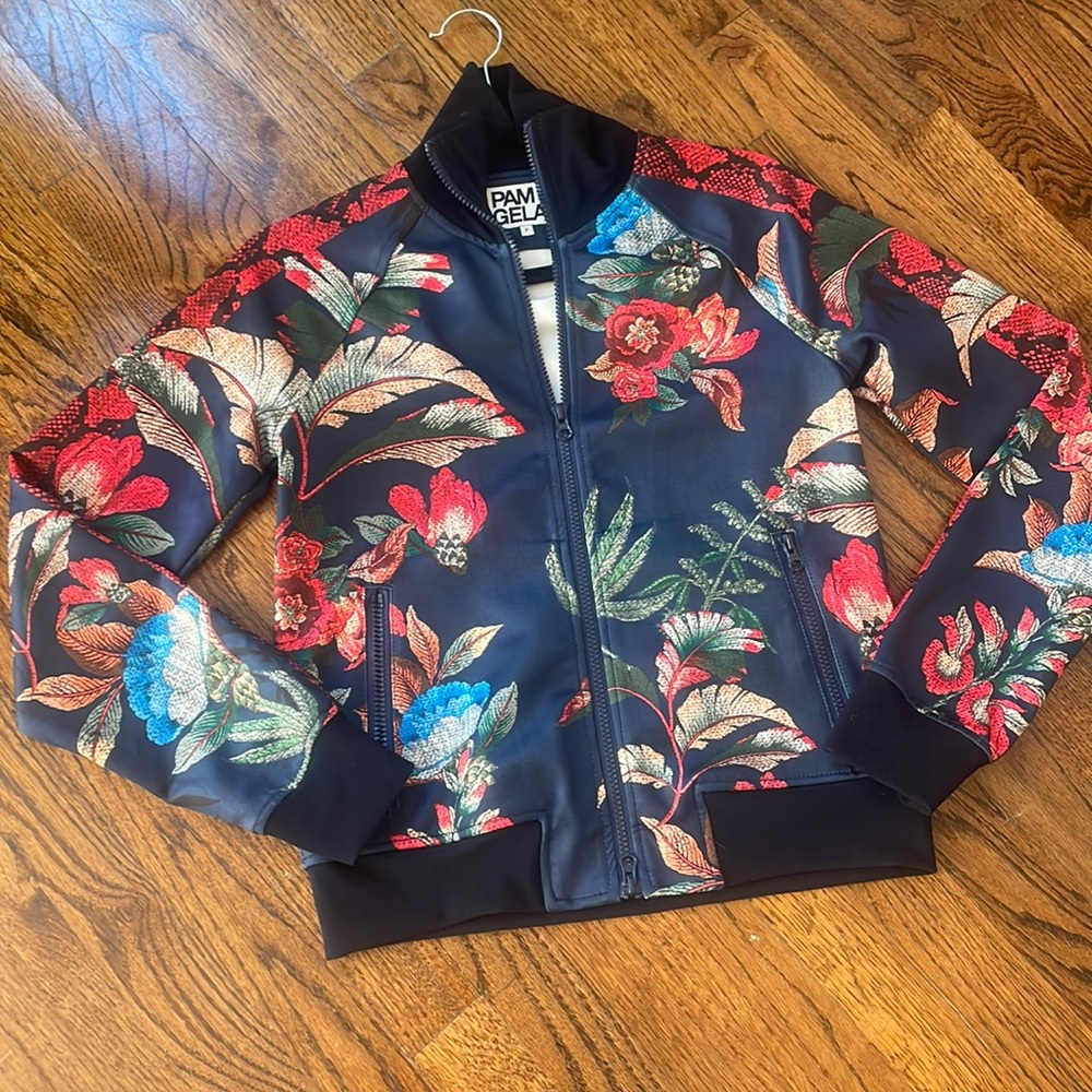 Pam and Gela bomber jacket blue snake skin multi floral size small